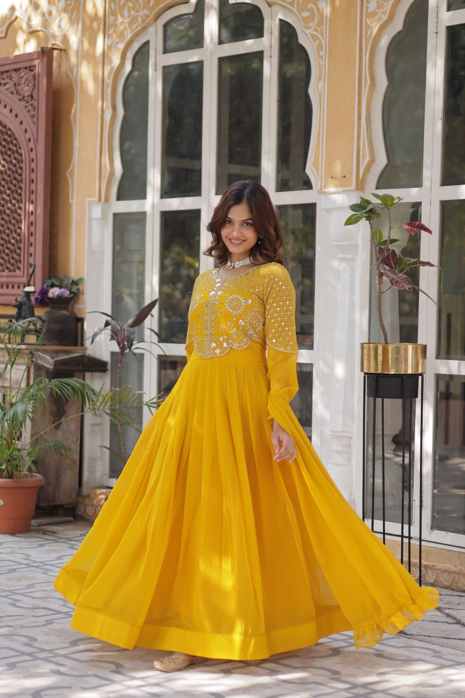 Yellow Premium Faux Blooming Georgette Gown with Dupatta ? Designer Readymade Collection
