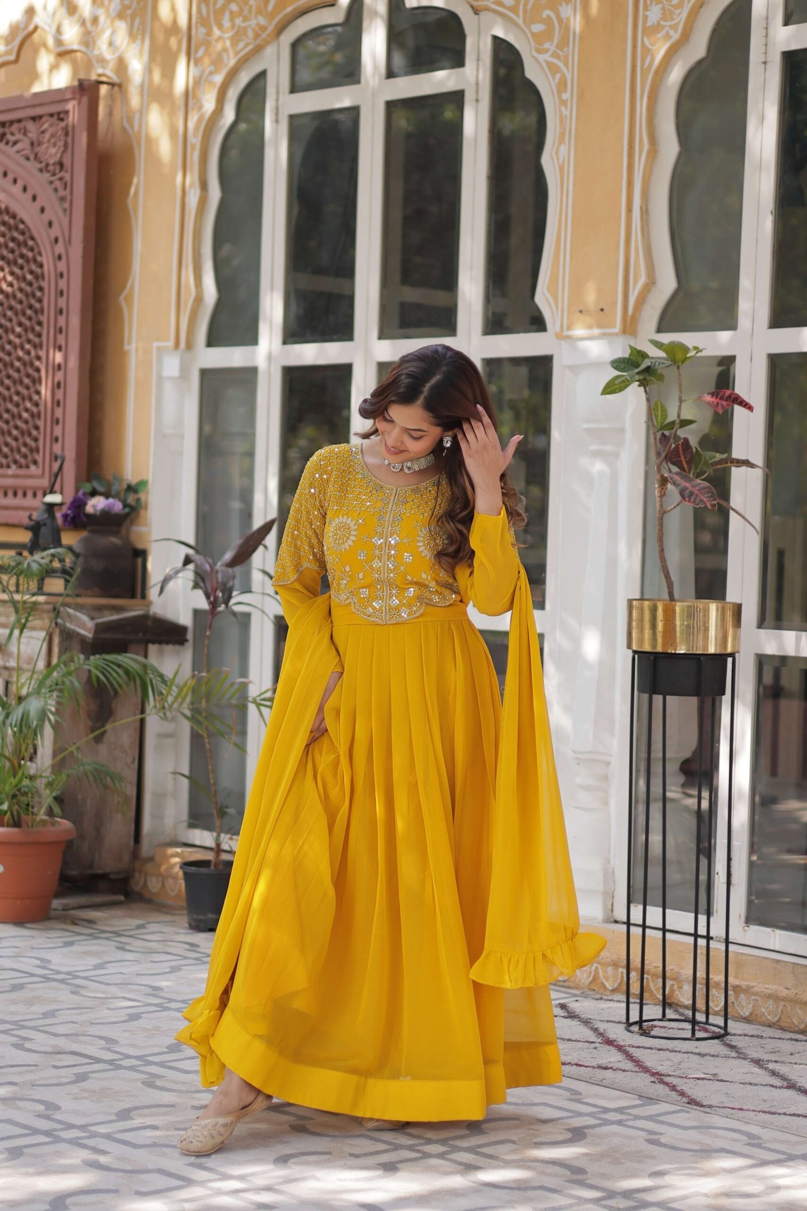 Yellow Premium Faux Blooming Georgette Gown with Dupatta ? Designer Readymade Collection